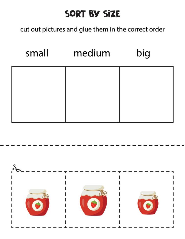 ordenar las imágenes por tamaño. hoja de trabajo educativa para niños. vector
