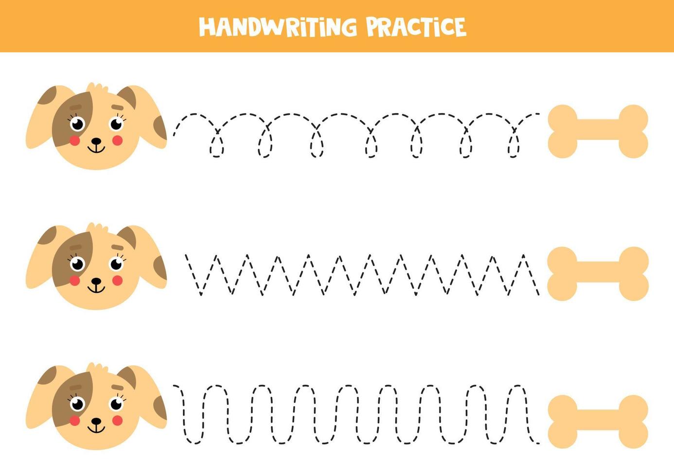 Tracing lines with cute dog and bones. Writing practice. vector