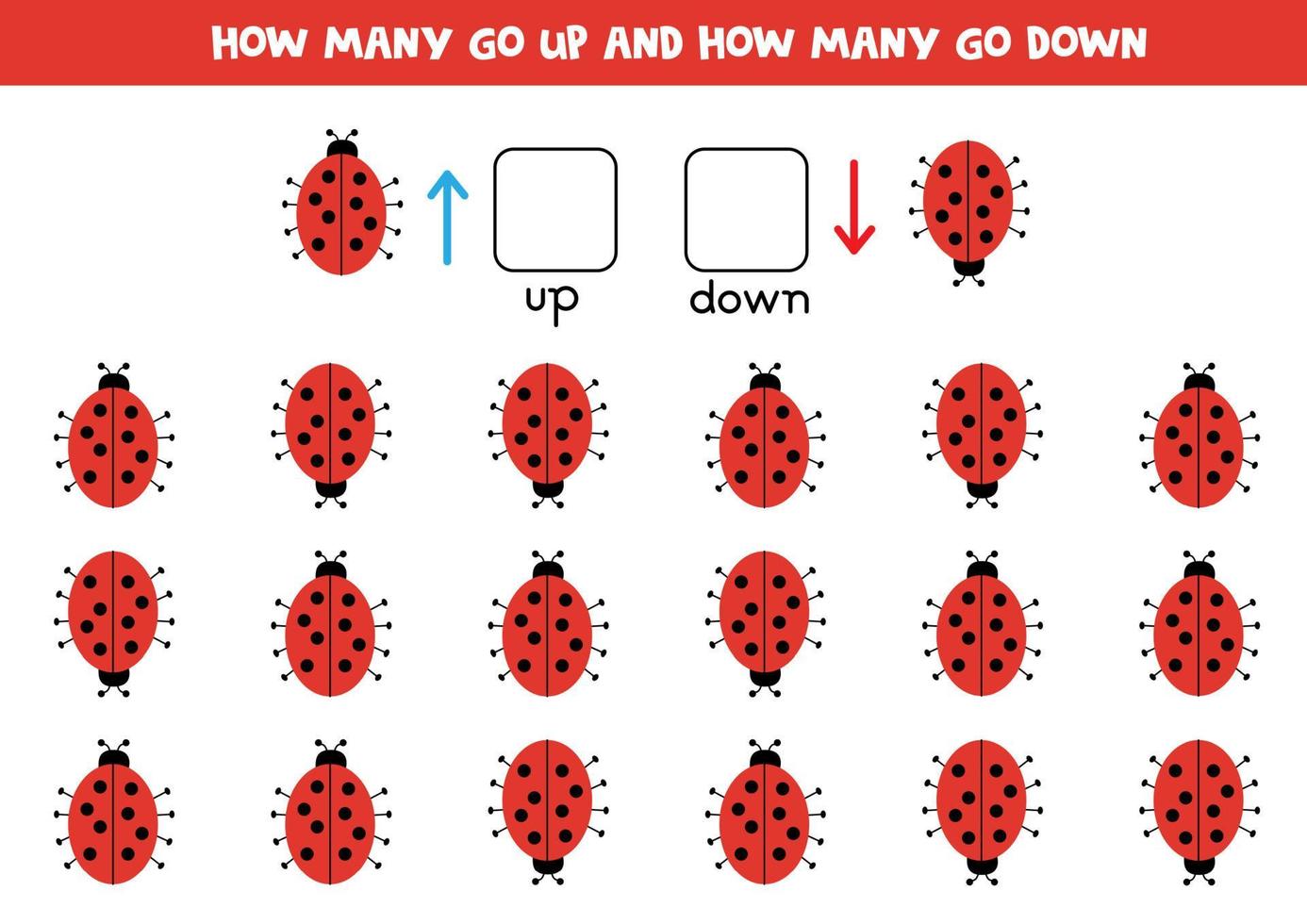 Count how many go up, how many go down. Cute ladybugs. vector