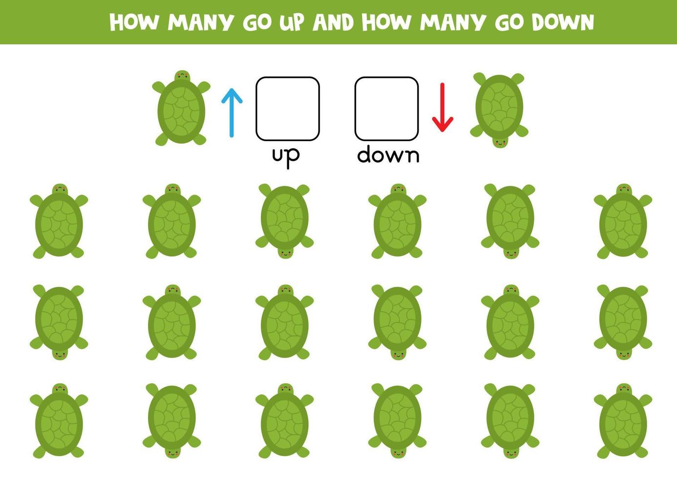 Count how many go up, how many go down. Cute turtles. vector