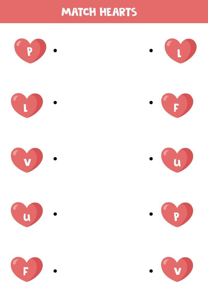 Match pink hearts by letters. Game for kids. vector