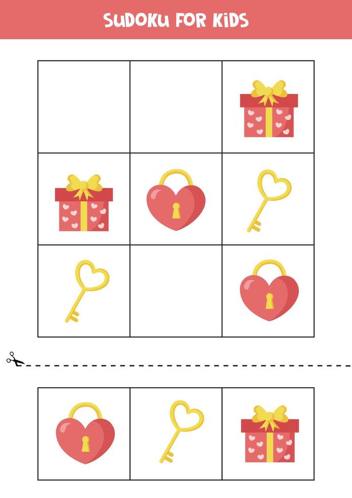 Sudoku game with valentine elements for children. vector