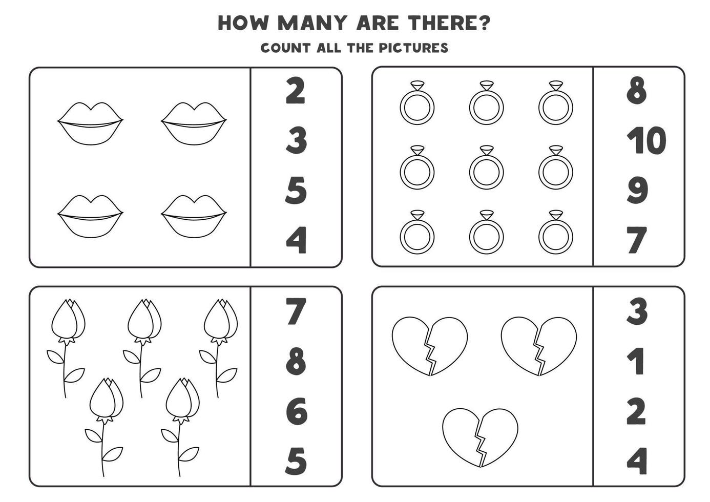 Counting game with cute valentine elements. Educational worksheet. vector
