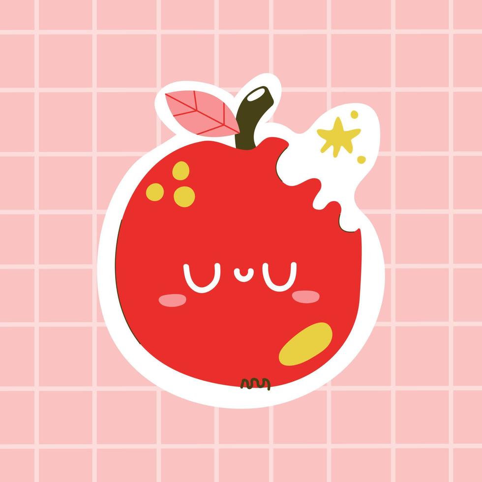 Linda pegatina de manzana mordida dibujada a mano sobre un fondo a cuadros para diseño de impresión. vector