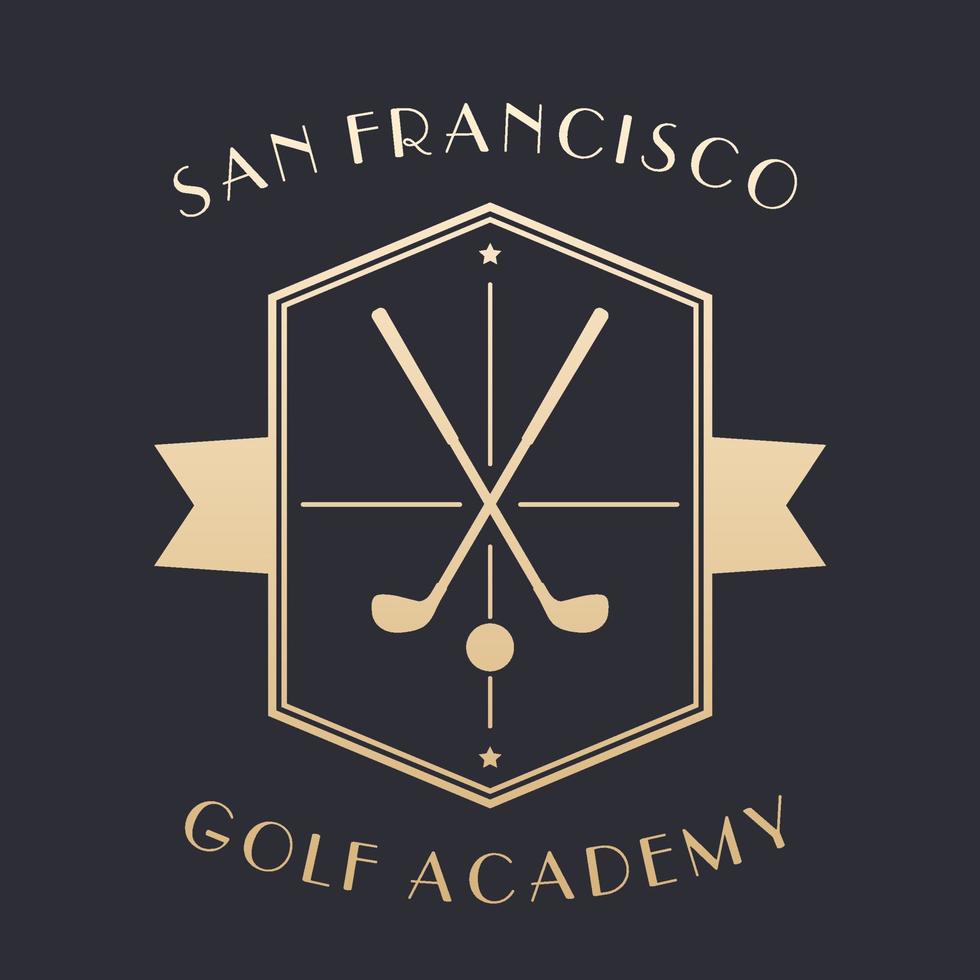logotipo de la academia de golf, emblema con palos, dorado sobre oscuro vector
