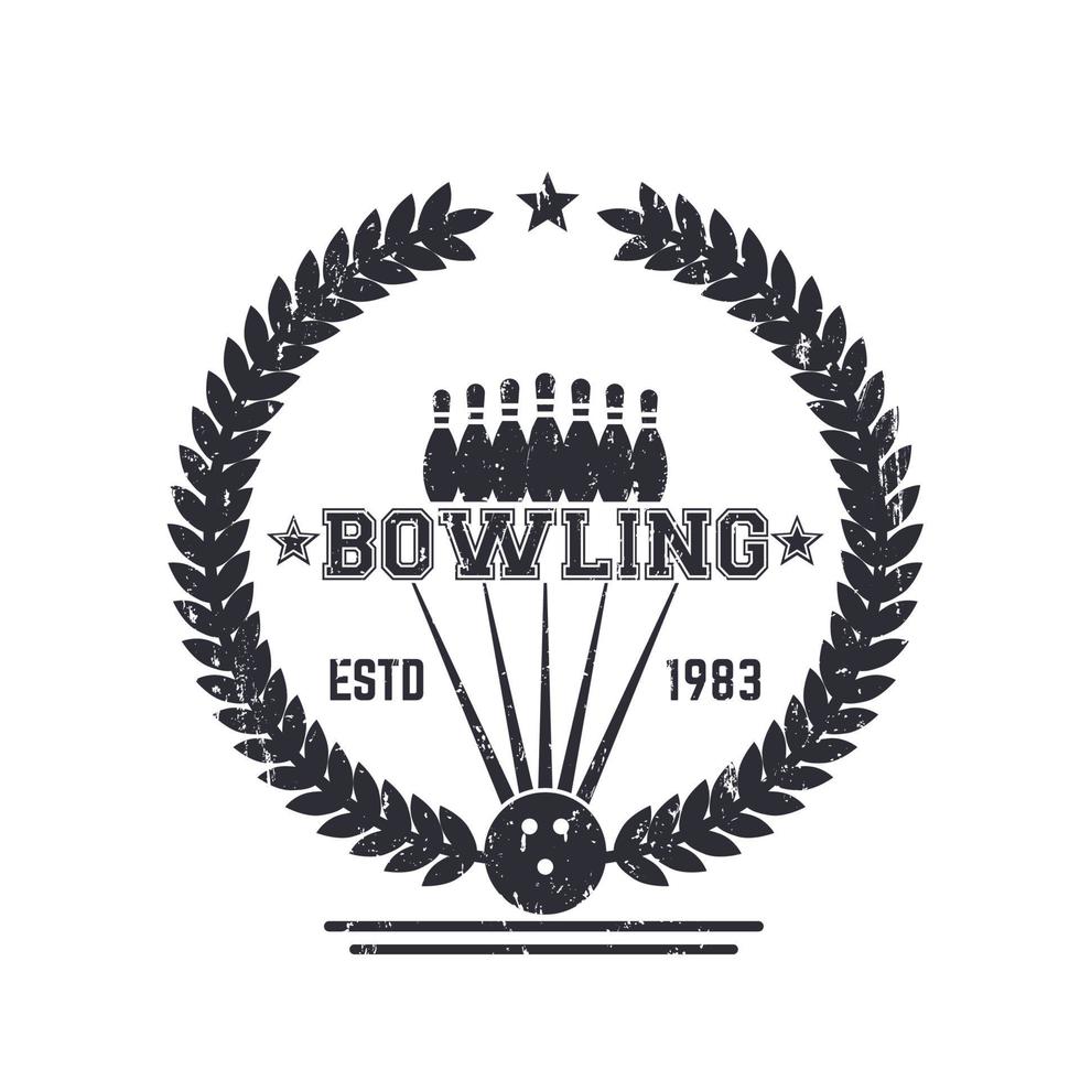 Bowling vintage logo, sign with wreath on white, vector illustration