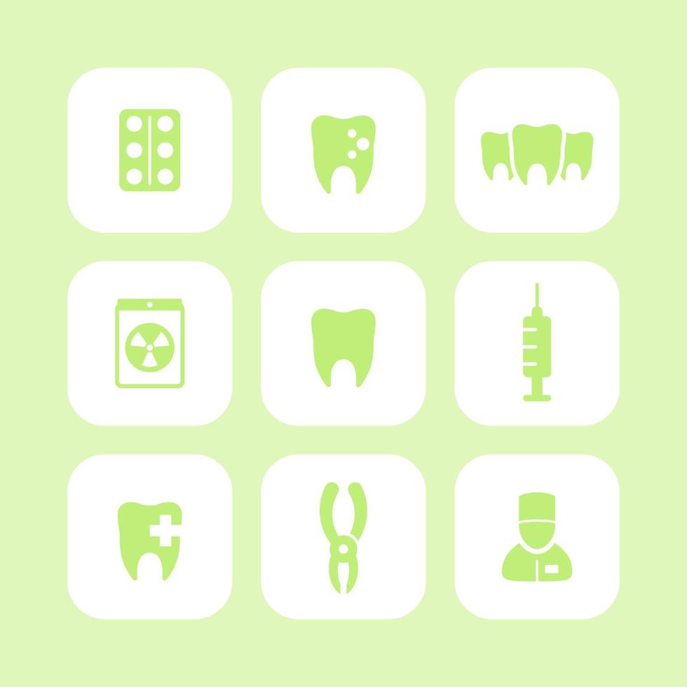 iconos de dientes, cuidado de la salud dental, cavidad dental, alicates dentales, cuidado de los dientes, estomatología, conjunto de iconos cuadrados redondeados planos, vector
