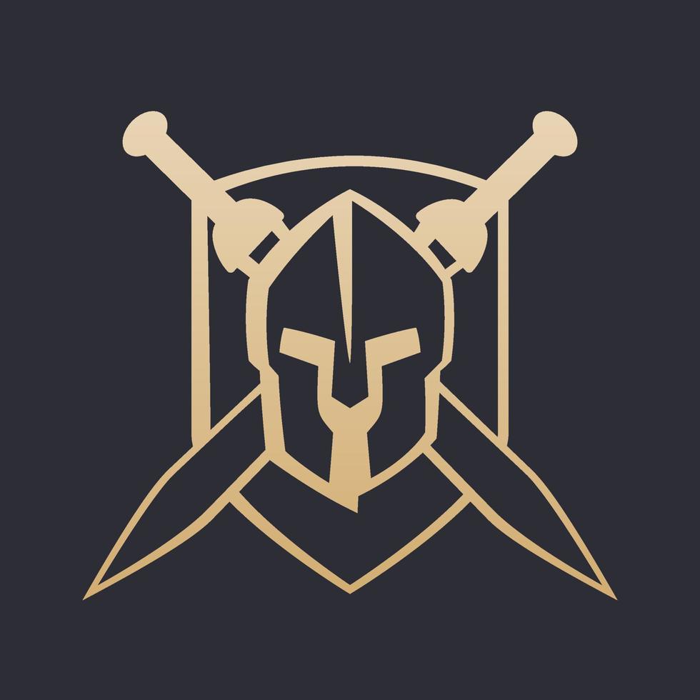 spartan helmet with crossed swords on shield, gold on dark vector