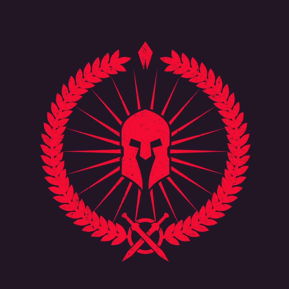 logotipo con casco espartano, emblema rojo grunge vector