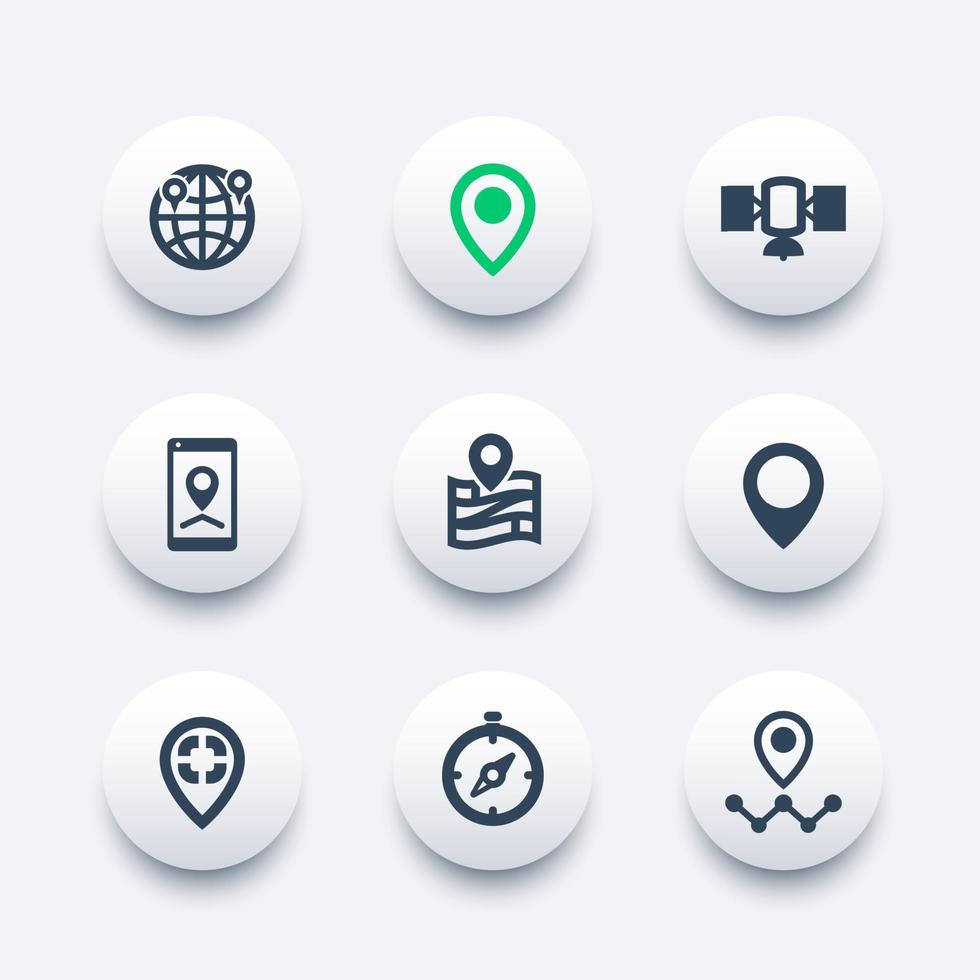 conjunto de iconos de navegación, marcas de ubicación, punteros de mapa vector
