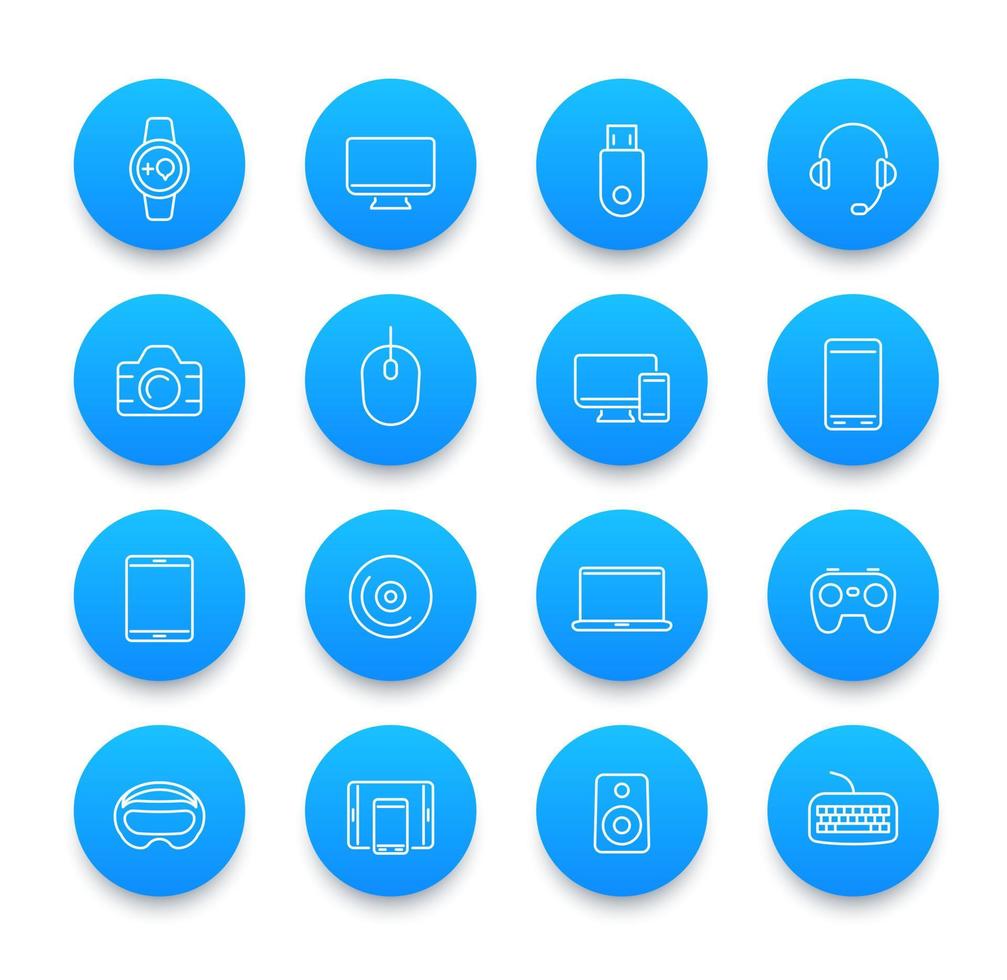 Modern gadgets icons set in line style on blue round shapes vector