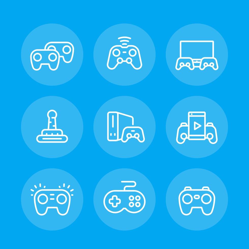 gamepads line icons set, game controllers, console, video gaming, cyber sport vector pictograms