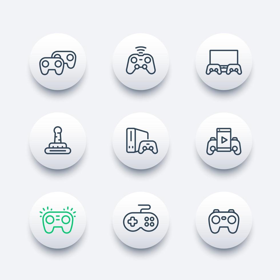 gamepads icons set in line style, console, video gaming, game controllers, cyber sport vector