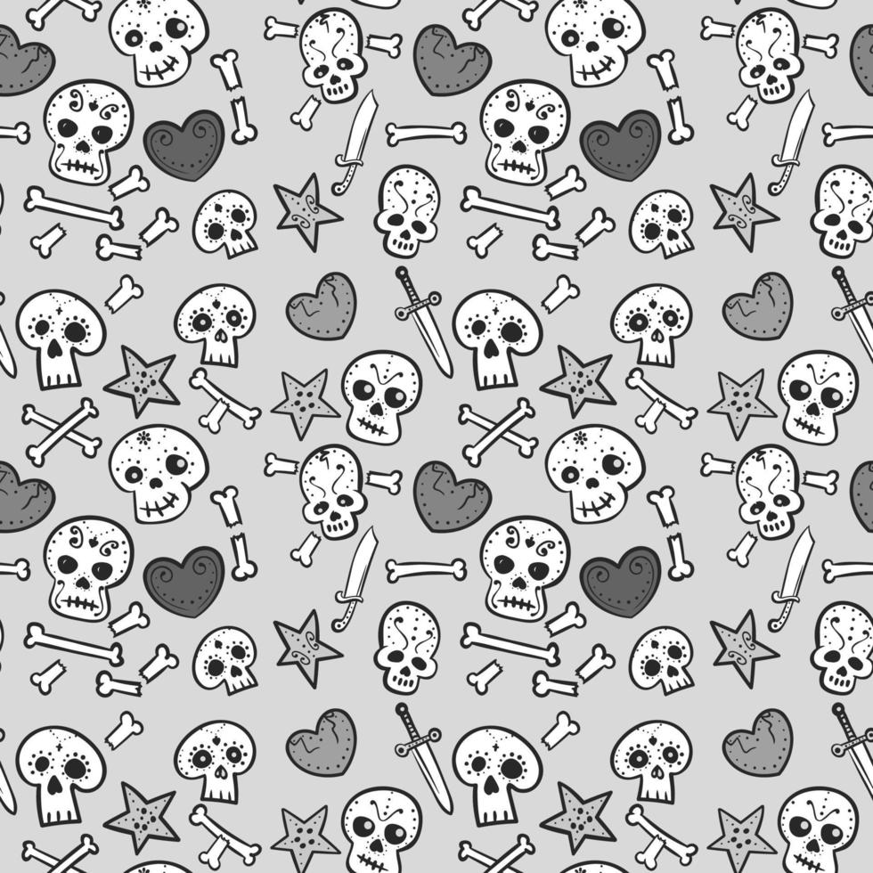 Patrón con calaveras y corazones, huesos y dagas, fondo transparente monocromo vector