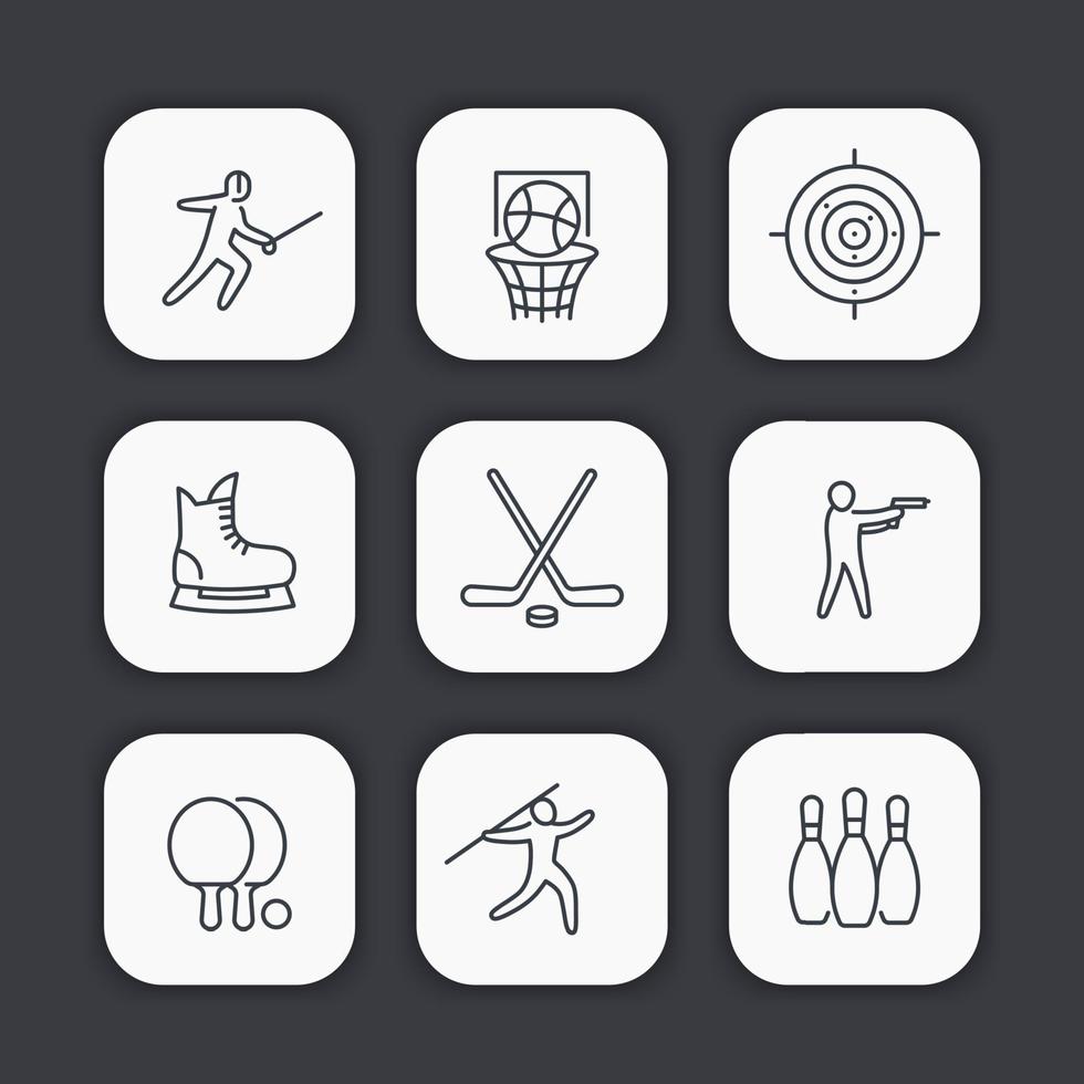 sports, games, team sport line icons set, fencing, hockey, skates, ping pong, basketball hoop, bowling pins vector