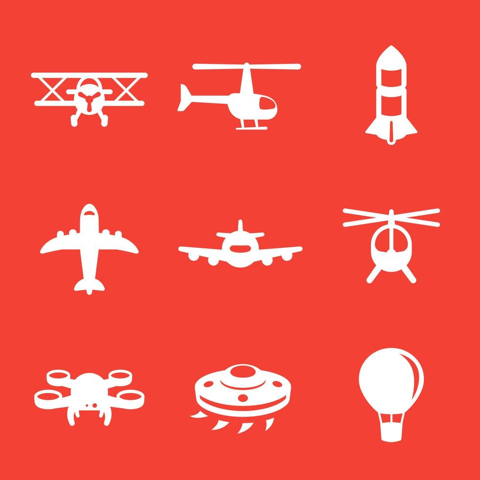 Aircrafts icons, airplane, aviation, air transport, helicopter, drone, biplane, air balloon, alien spaceship vector