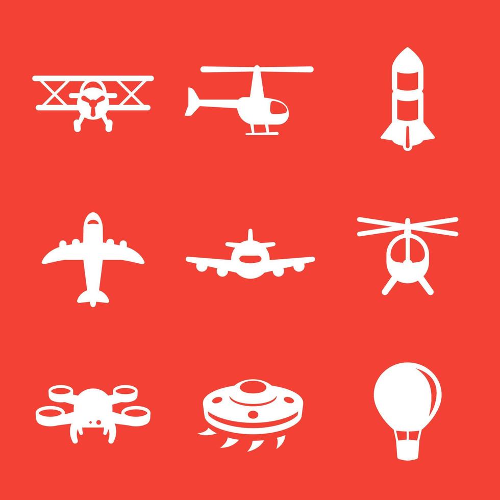 iconos de aviones, avión, aviación, transporte aéreo, helicóptero, drone, biplano, globo de aire, nave espacial extraterrestre vector