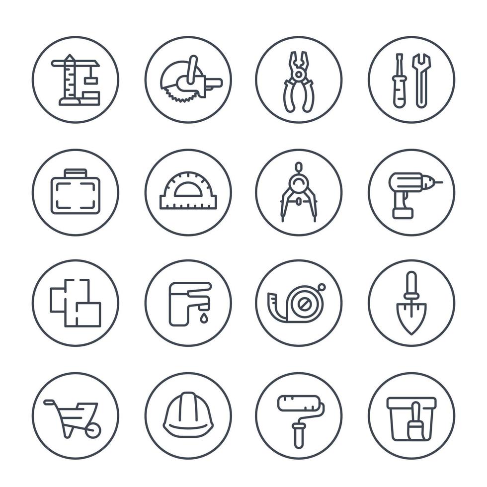 construction and renovation line icons in circles over white, vector illustration