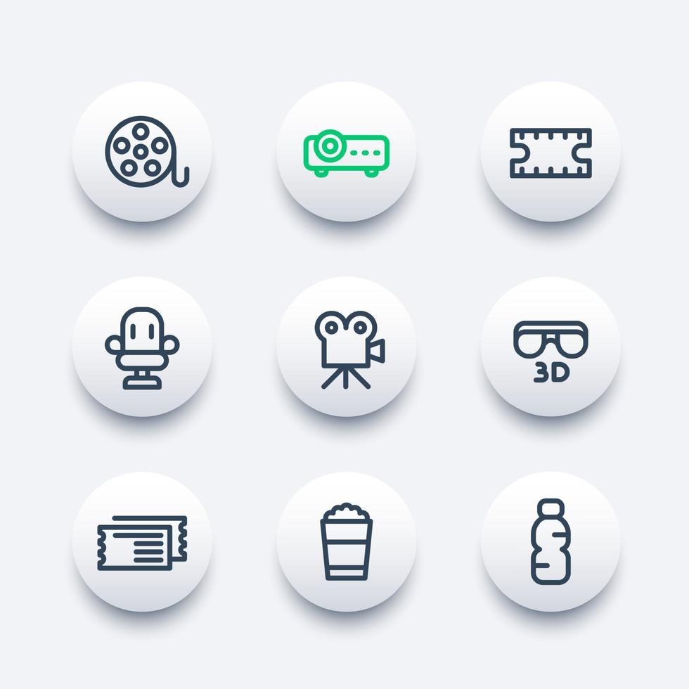 cinema icons set in line style, film reel, projector, movie in 3d, tickets, seat, popcorn bucket vector