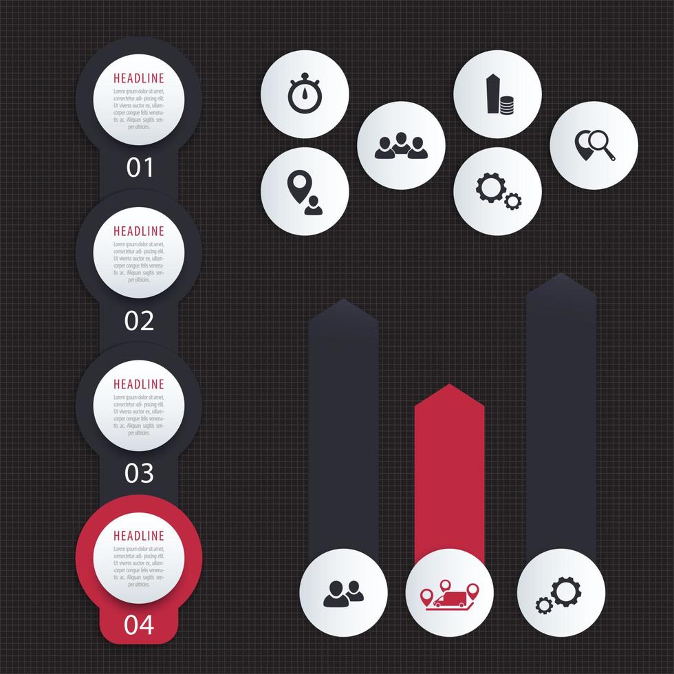 línea de tiempo vertical, 1, 2, 3, 4, etiquetas de paso, elementos vectoriales para infografías empresariales sobre la oscuridad, ilustración vectorial vector