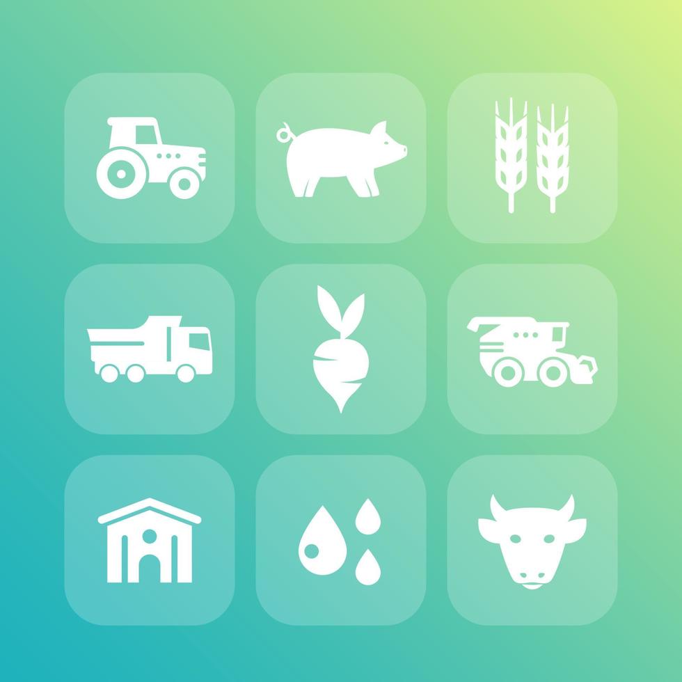 Agriculture, farming icons set, cattle raising, hangar, harvest, agrimotor, combine harvester vector