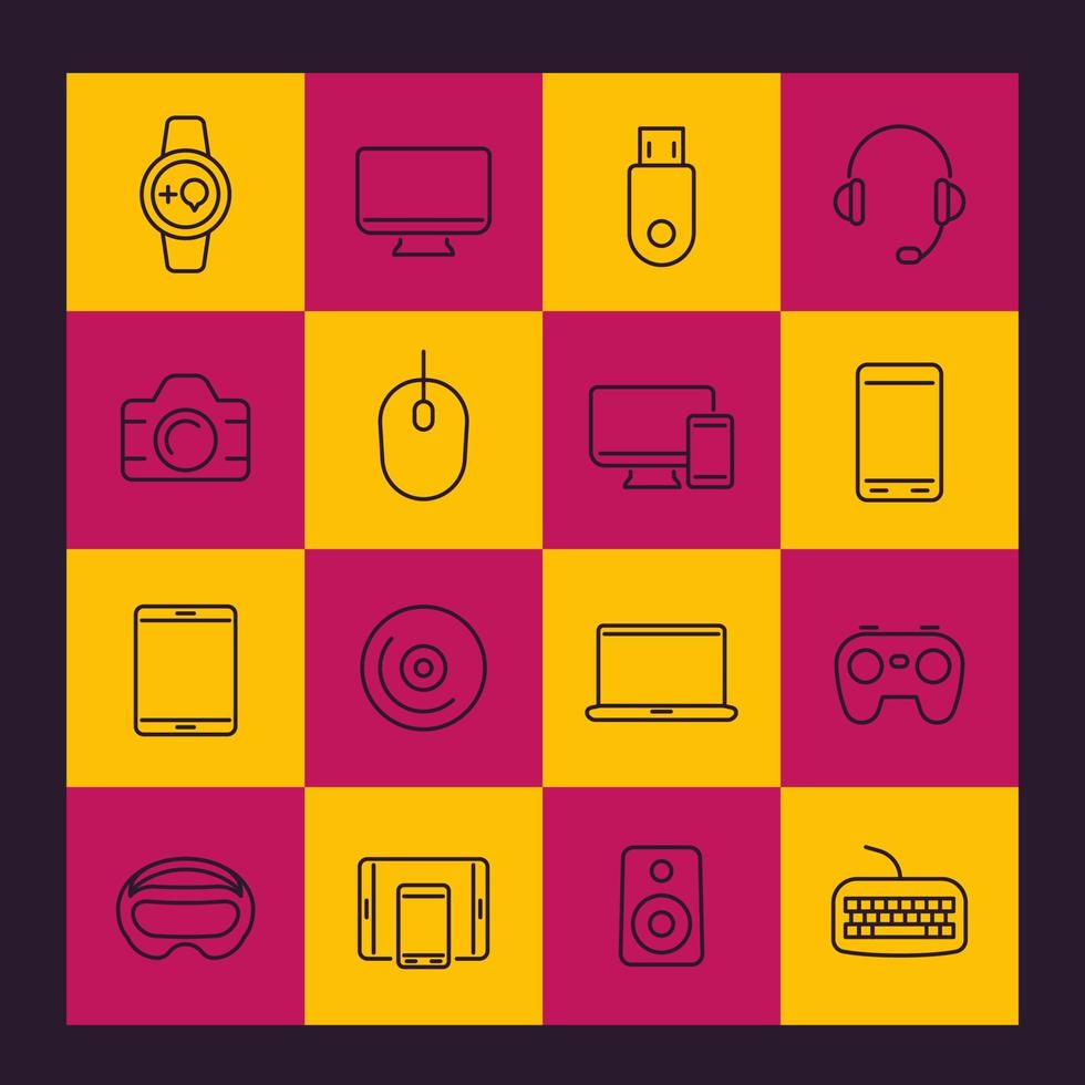 paquete de iconos de línea de gadgets modernos, monitor, gamepad, teclado, mouse, computadora portátil, reloj inteligente, tableta, dispositivos portátiles, electrónica vector