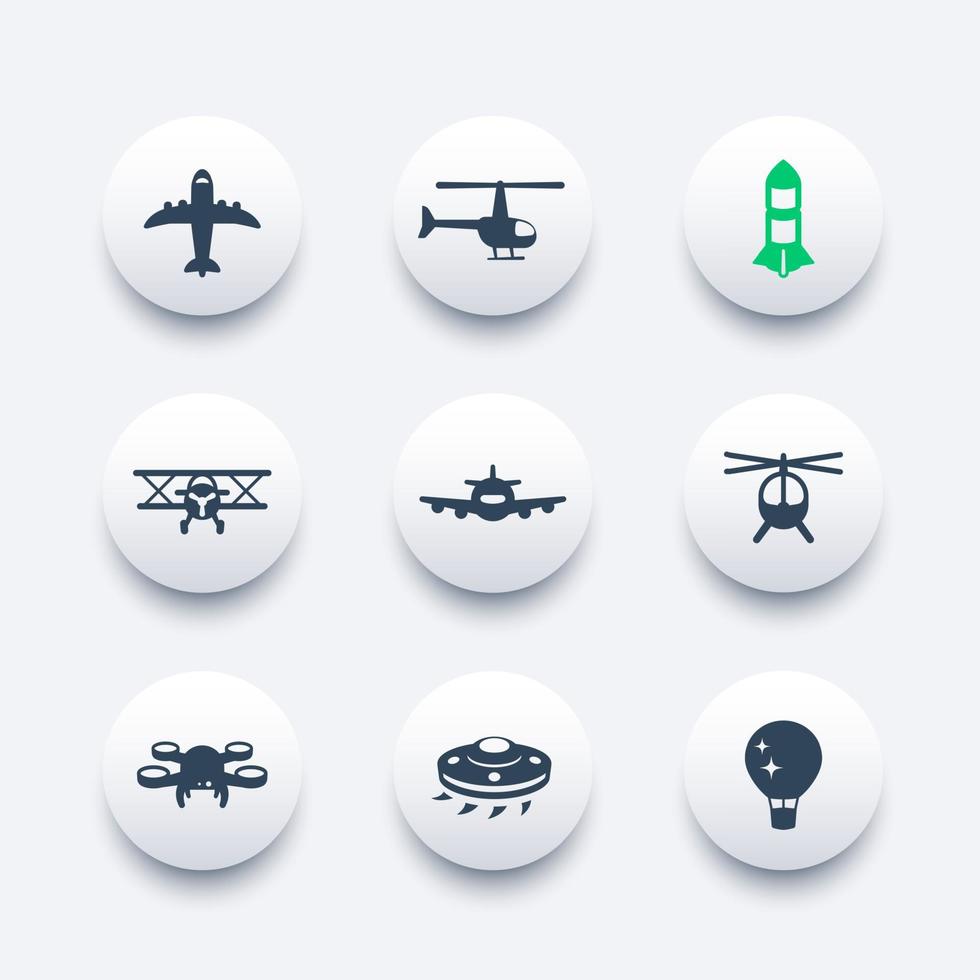 Aircrafts icons set, aviation, air transport, airplane, helicopter, drone, biplane, alien spaceship, balloon vector