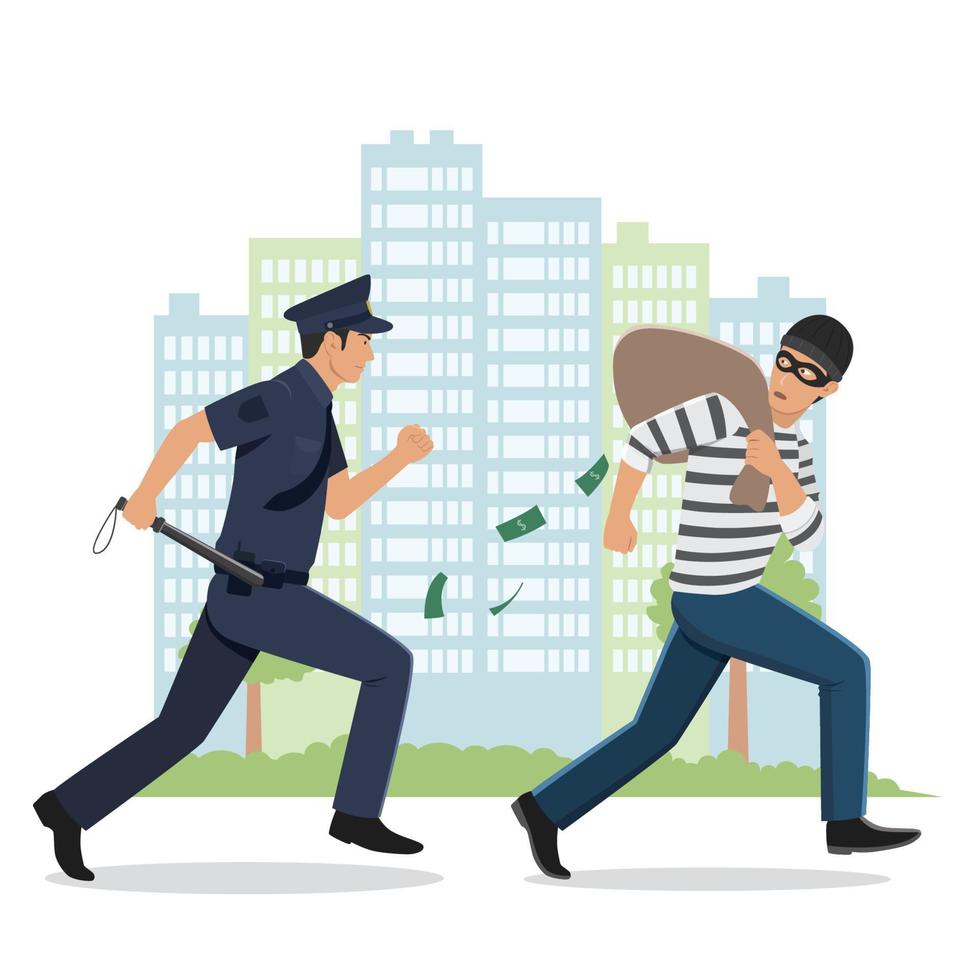 Policeman chasing a robber with mask vector