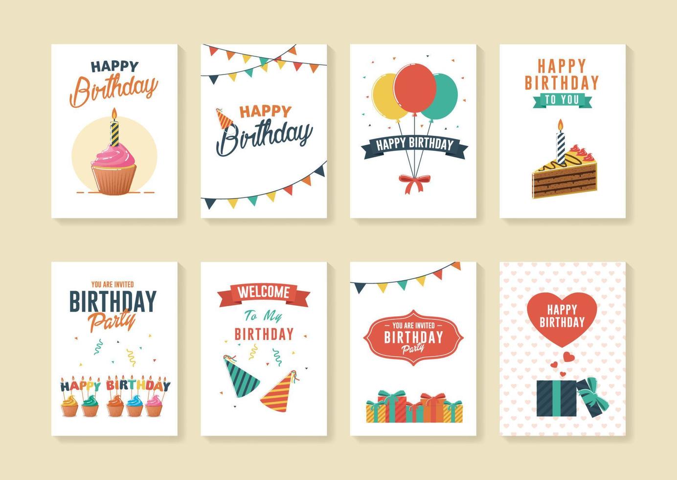 conjunto de tarjetas de felicitación e invitación de cumpleaños vector