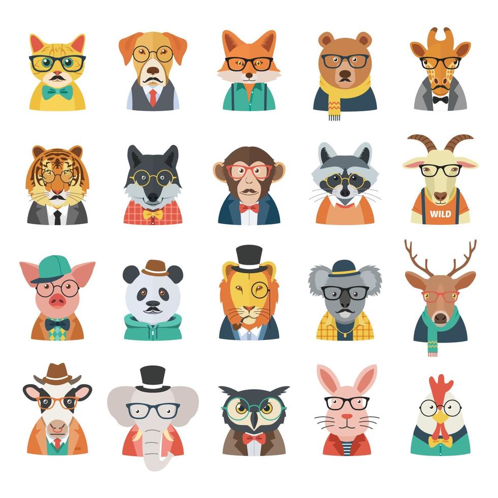 conjunto de avatar animal hipster vector