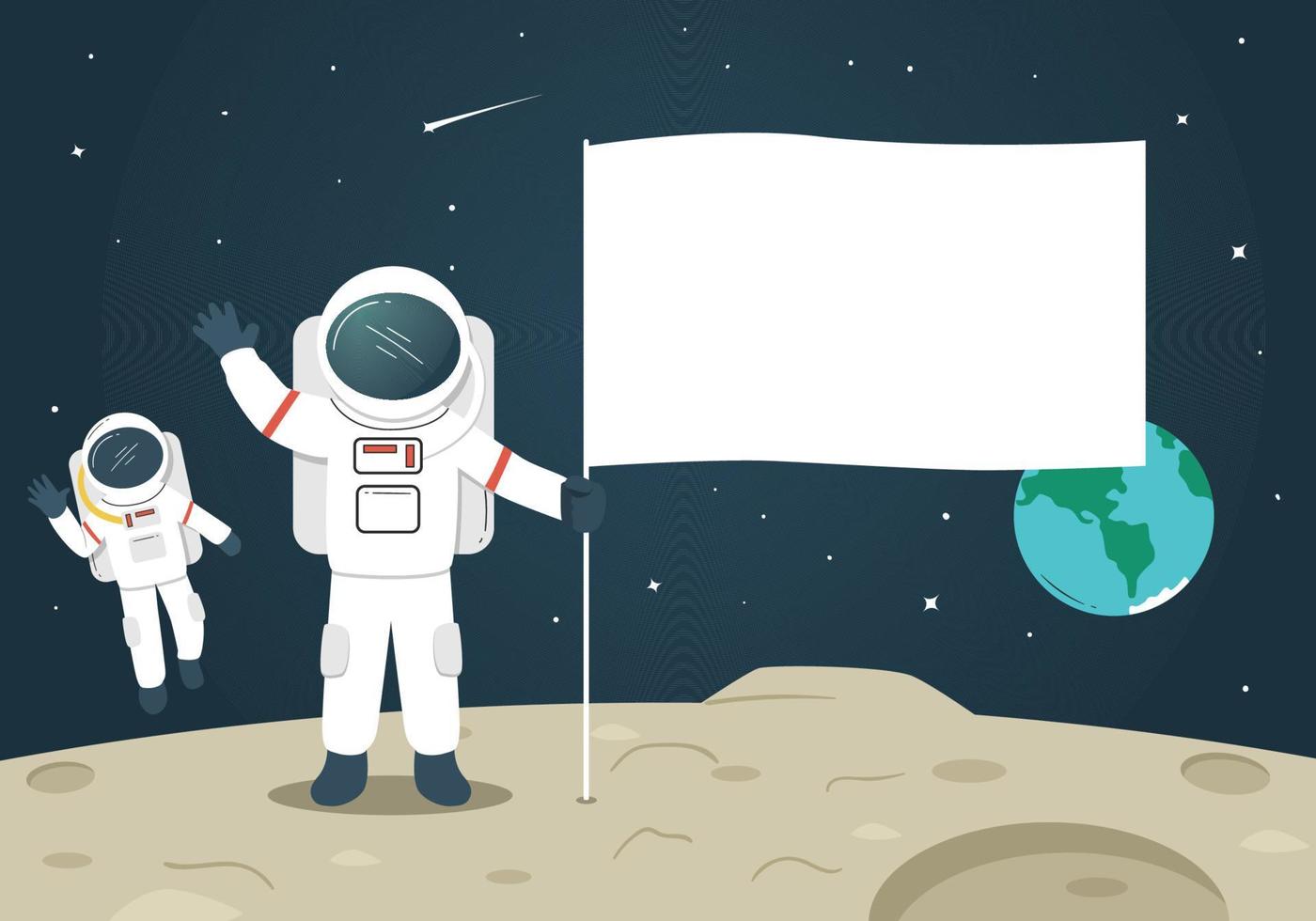 Astronaut holding blank flag on the moon vector