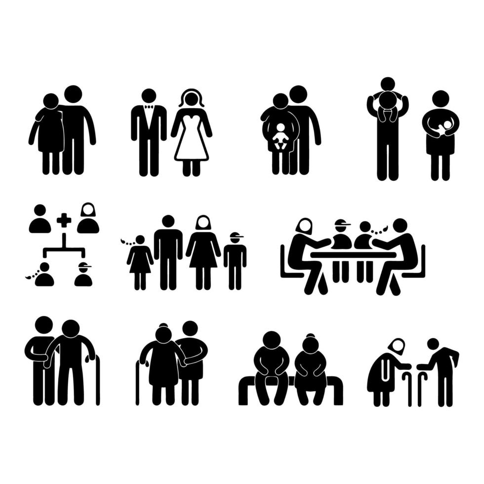 Collection of icons of figures of people isolated on white background. Parents and children, Family Collection Vector Illustrations