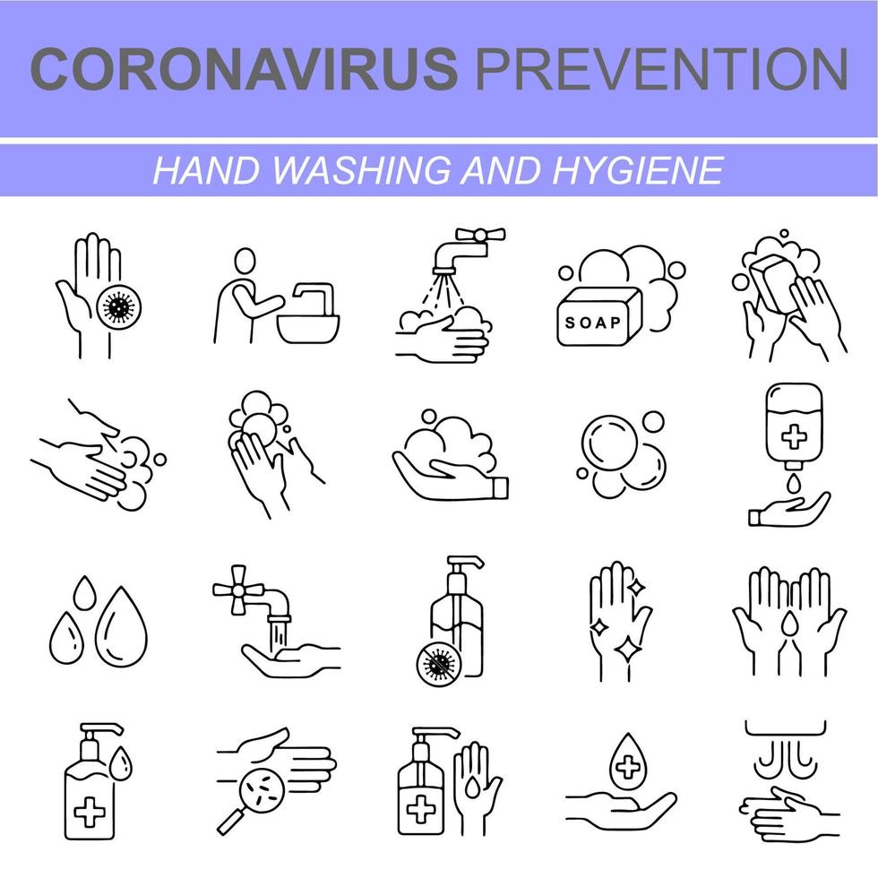 Set of hand washing icons in thin line style. Hygiene icons. The icons as hand wash, soap, alcohol, detergent, anti bacterial. Vector illustrations.