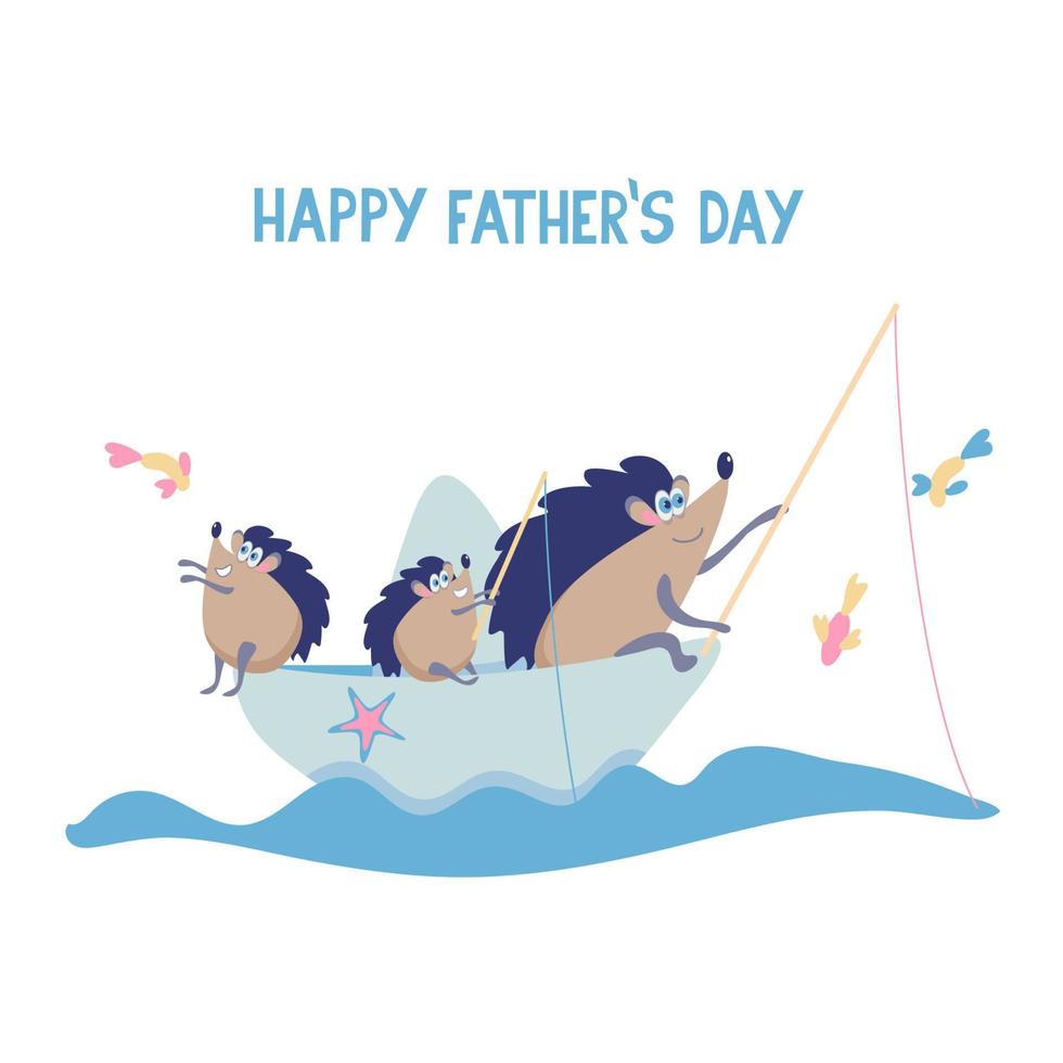 Fishing family of cute hedgehogs. Father and sons spend time together. Happy father's day. . vector