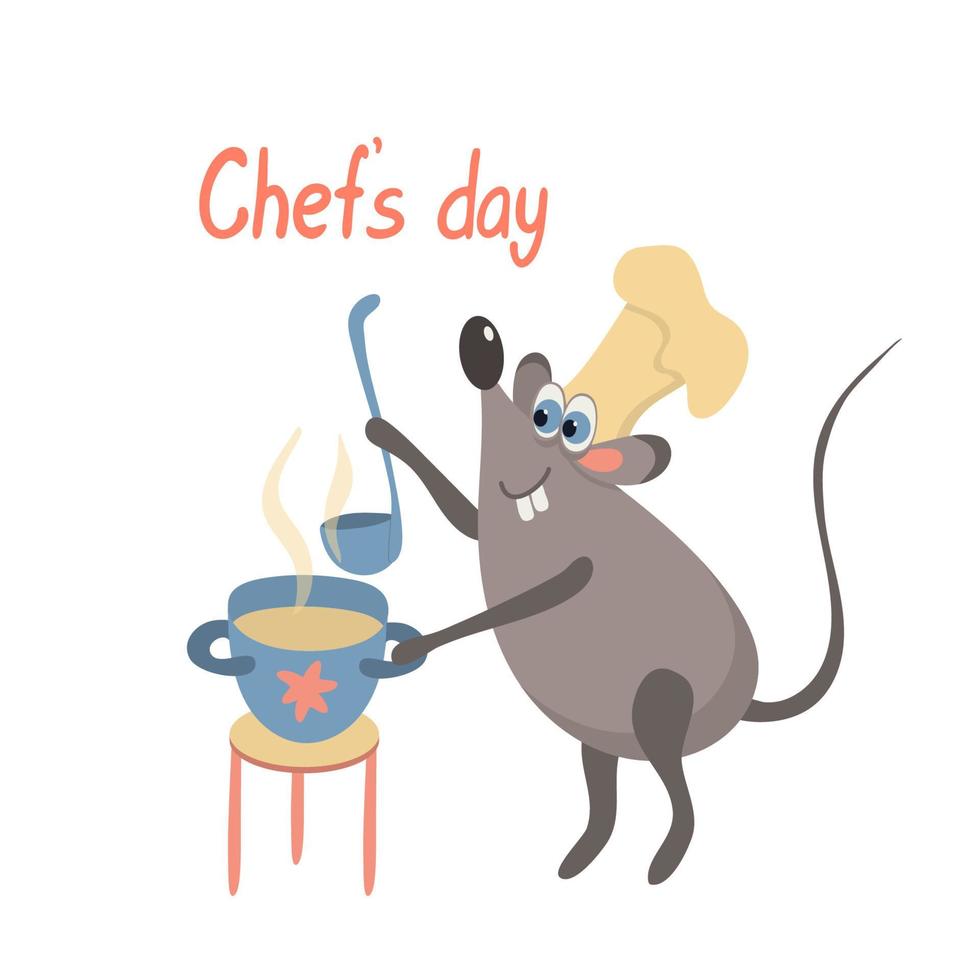 rata y cocina. tarjeta de felicitación del día del chef. ratón con una cacerola y un cucharón vector