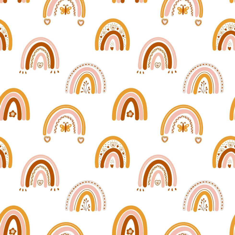Seamless pattern with boho rainbows, flowers, hearts, sprigs and butterflies on white. Perfect decoration for kids playroom and bedroom, wallpapers, fabrics. Muted trendy colors. Wrapping paper vector
