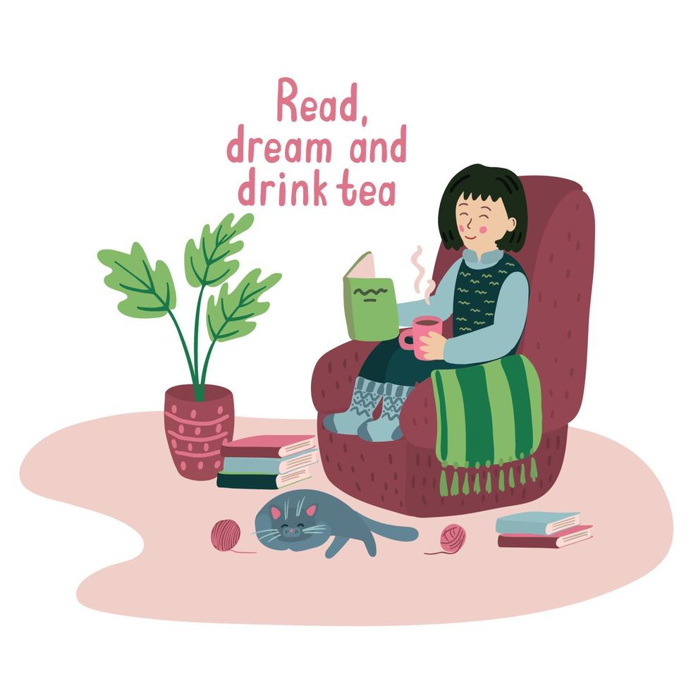 Nice little girl sitting in a soft chair and reading a book. There is a sleeping cute cat, stack of books and indoor plant. Read, dream and drink tea lettering. vector