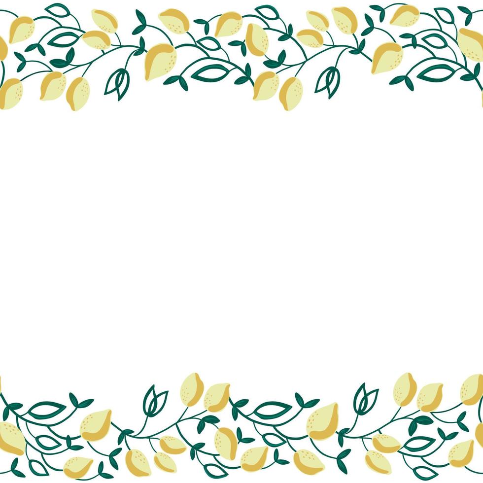 Seamless border with decorative lemons and leaves. Vector hand drawn illustration isolated on white background. Great for package design, home decor, invitation cards.