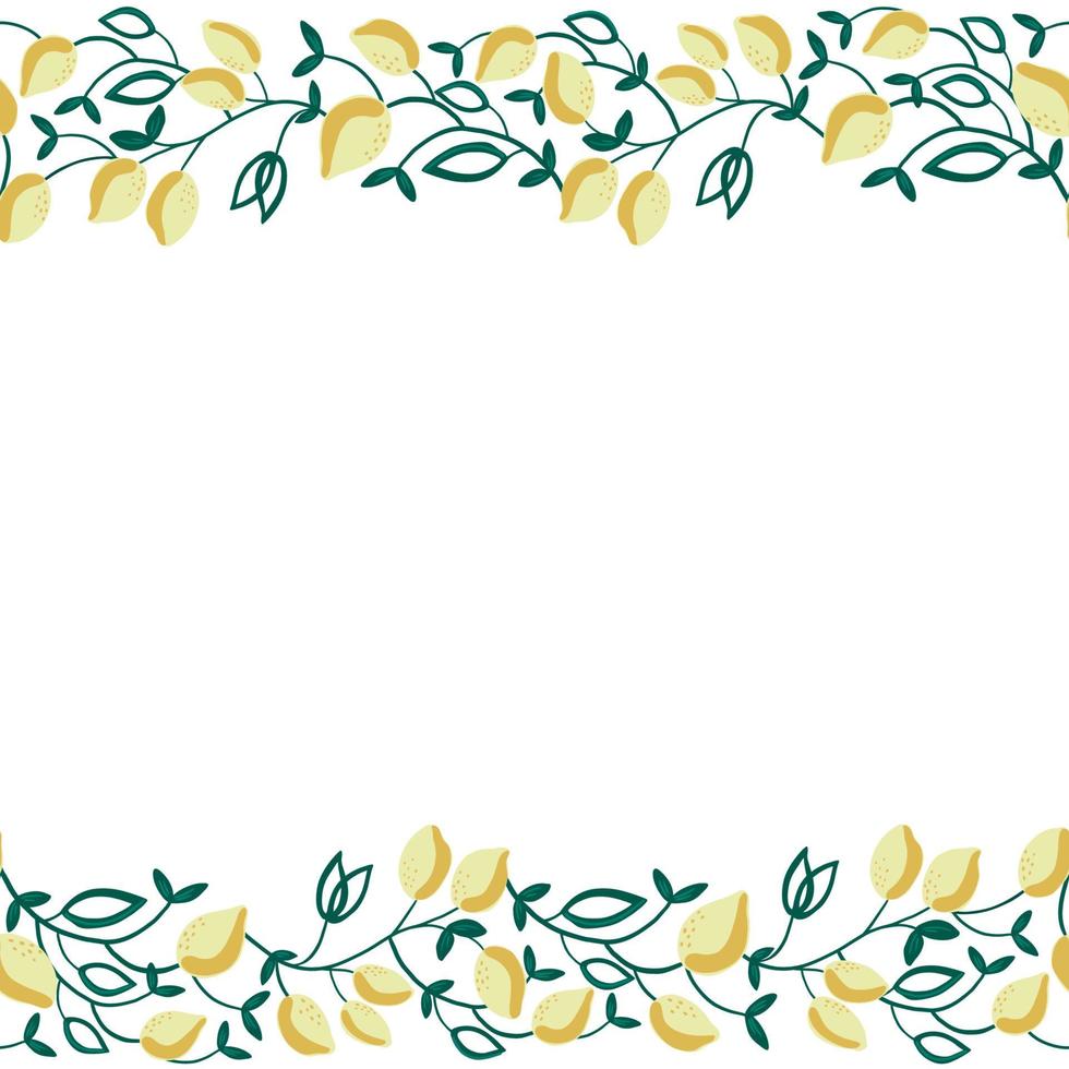 Seamless border with decorative lemons and leaves. Vector hand drawn illustration isolated on white background. Great for package design, home decor, invitation cards.