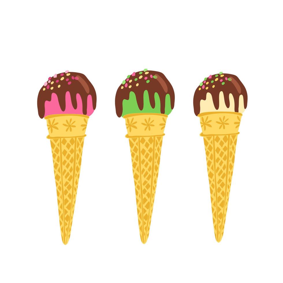 Set of ice cream balls in waffle cones decorated with chocolate glaze. Green, pink, yellow colors. Hand drawn illustration isolated on white background. vector