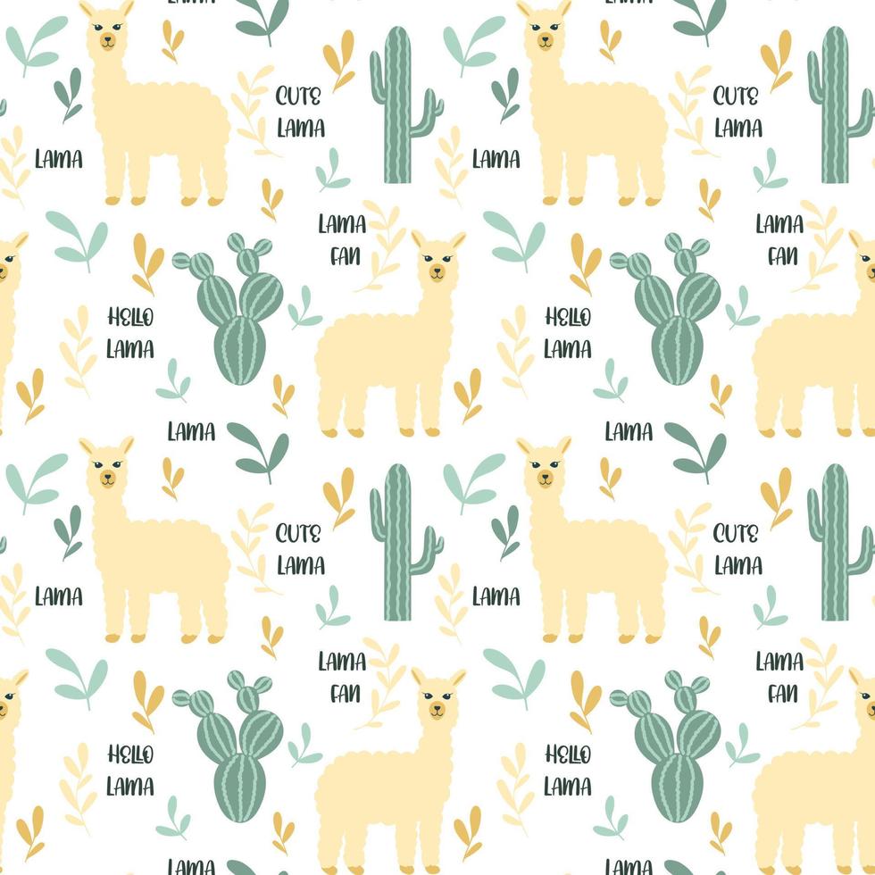 Lama and cacti seamless pattern vector illustration
