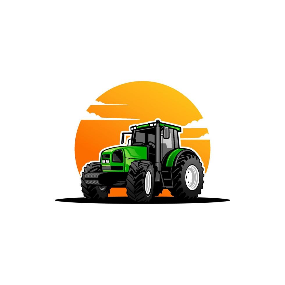 tractor agrícola verde con vector de fondo de cielo