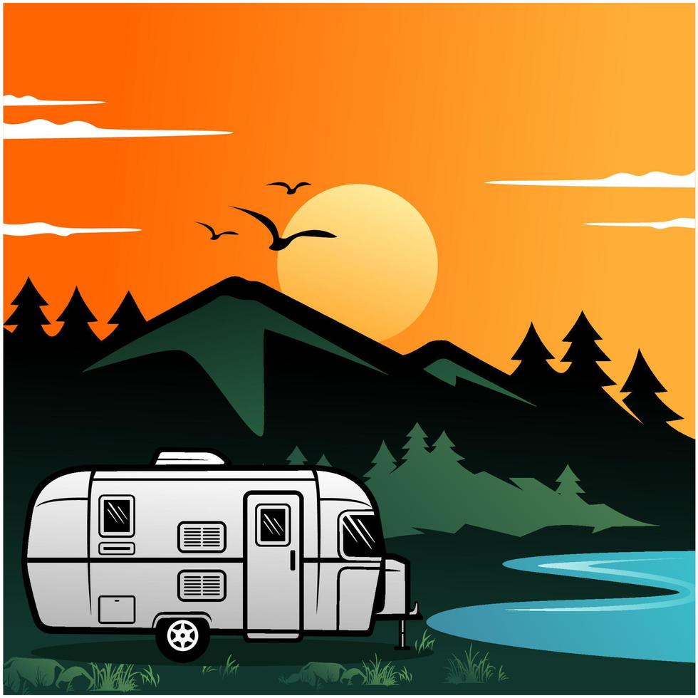 Caravan camper motorhome rv journey to mountains and lake, pine forest background, sky with moonlight vector
