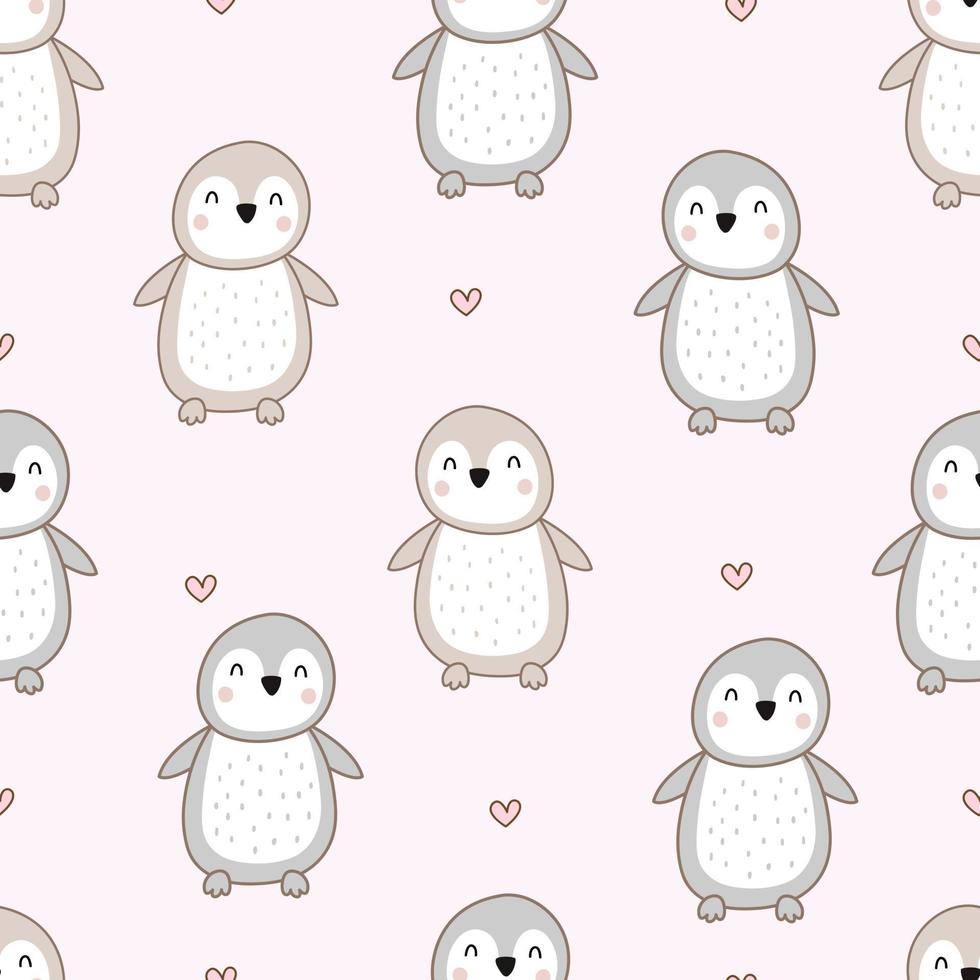 pingüino con corazones sobre fondo rosa bebé de patrones sin fisuras patrón de dibujos animados dibujados a mano para ropa de bebé, patrón de manta o papel tapiz de impresión ilustración vectorial vector