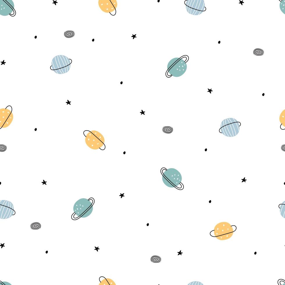 Space background seamless pattern for kids Cartoon style design. Use for prints, wallpaper, decorations, textiles, vector illustrations.