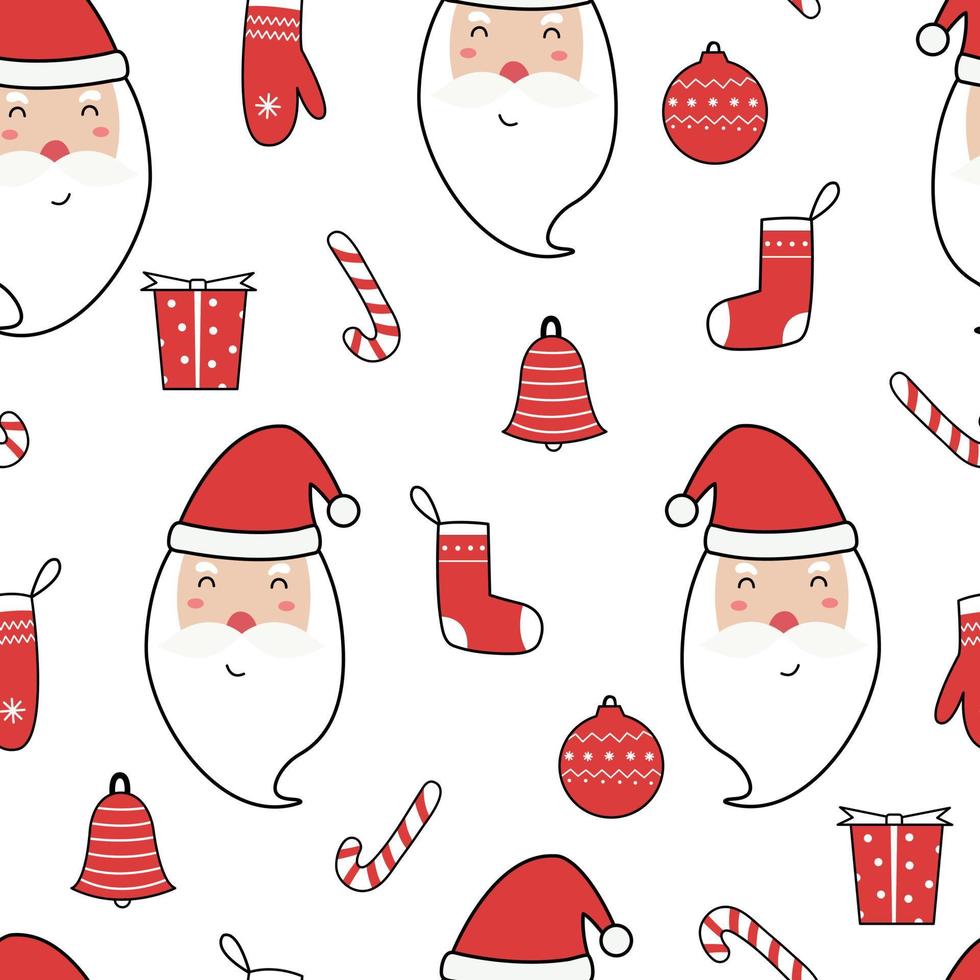 Seamless Pattern Christmas Background Santa Claus and gift boxes Hand drawn design in cartoon style. used for print, celebration wallpaper, fabric, textile vector illustration
