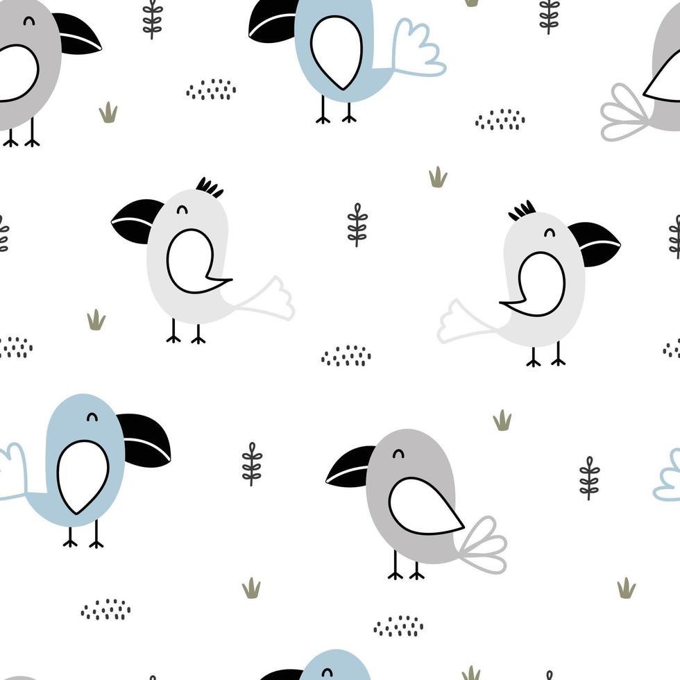 Cute seamless pattern for kids Bird background standing next to a clump of grass cartoon style design on white background vector illustration