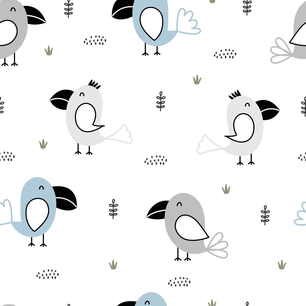 Cute seamless pattern for kids Bird background standing next to a clump of grass cartoon style design on white background vector illustration