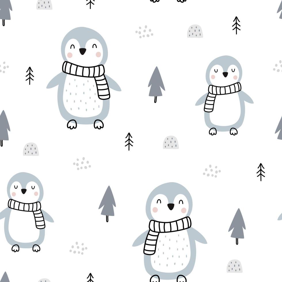 Seamless Christmas pattern with penguins on white background. Hand drawn design in cartoon style. used for decoration Celebration Wallpaper Fabric Textile Vector Illustration