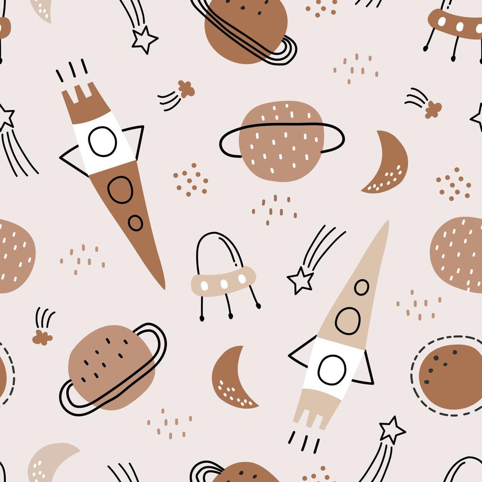 Rocket and planet on brown background Cartoon style seamless pattern background design for kids or space in vector illustration.